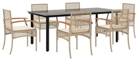 Set da pranzo da giardino 7 pz con cuscini beige in polyrattan