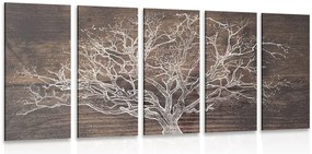 Quadri 5 pezzi – Corona dell'albero su sfondo di legno