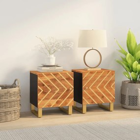 Comodini 2 Pz Marrone E Nero İn Legno Massello Di Mango /