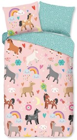 Set copripiumino e federa da bambini rosa/turchese in cotone per letto singolo ed esteso 140x220 cm Horses – Good Morning