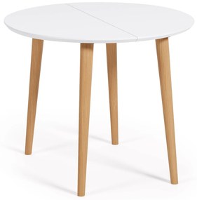 Kave Home - Tavolo rotondo allungabile Oqui MDF laccato bianco e gambe in faggio massiccio 90 (170) x