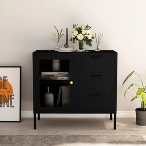 Credenza Nera 75x35x70 Cm İn Acciaio E Vetro Temperato /
