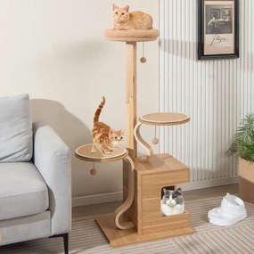 Costway Albero per gatti in legno con palo in legno massiccio struttura curva in compensato, Torre per gatti alta 129cm Naturale