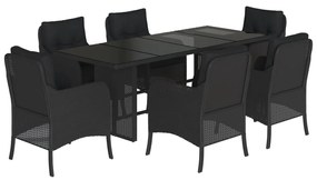 Set da pranzo da giardino 7 pz nero con cuscini in polyrattan