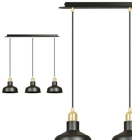 Lampadario Industrial 3 Luci Kubera In Acciaio Nero Con Elementi In Oro