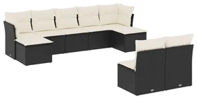 Set divani da giardino 9 pz con cuscini nero in polyrattan