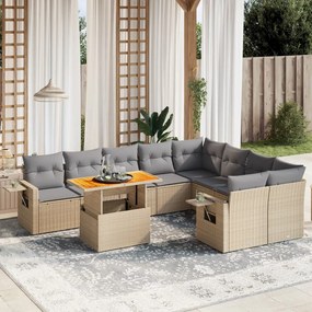 Set divano da giardino 10 pz con cuscini beige in polyrattan