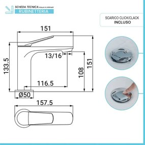 Set rubinetti lavabo e bidet in ottone cromo con piletta click clack linea Sound