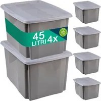 Set Scatole 4x45 L Portaoggetti Grigio Plastica Cassetto Contenitore Salvaspazio