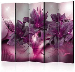 Paravento design Fiamma porpora II - fiori giglio viola, luce, ornamenti