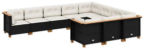 Set divani da giardino 10pz con cuscini in polyrattan nero