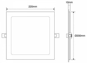 Pannello LED Quadrato 20W, 2.000lm, no Flickering, Foro 205x205mm Colore Bianco Caldo 3.000K