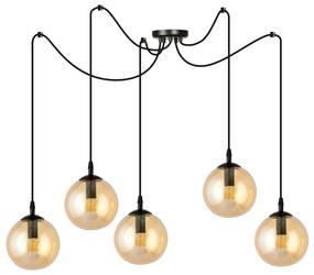 Lampadario 5 Luci Ginevra In Acciaio Nero Con Cavo Lungo E Vetri Ambra