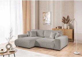 Divano angolare con penisola a sinistra grigio chiaro e rivestimento in velluto a coste allungabile e con contenitore Sarina – Ropez