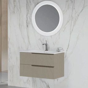 Mobile Bagno Sospeso 80 Cm Due Cassetti Specchio Con Illuminazione Led Diametro 75 Cm Savini Due "Oikos" Pietra