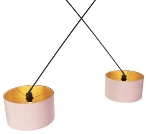 Lampada a sospensione nera con paralumi in velluto rosa e oro 35 cm 2 luci - Blitz