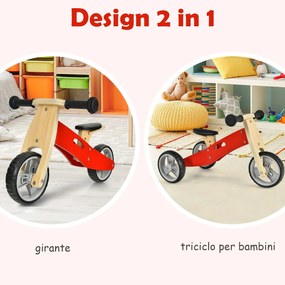 Costway Bici e triciclo equilibrio di legno 2 in 1 per bambini con sedile regolabile, Bicicletta senza pedali Rosso
