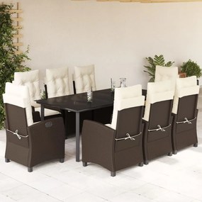 Set da Pranzo da Giardino 9pz con Cuscini Marrone in Polyrattan