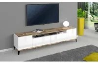 Mobile da soggiorno Porta TV, Made in Italy, Supporto per TV da salotto a 2 ante e 2 cassetti, Cm 200x40h47, Bianco lucido e Acero