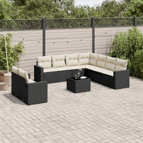 Set divani da giardino 10pz con cuscini in polyrattan nero