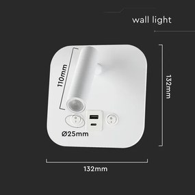 Spot da parete LED con porta USB, 8W, 230V, 3000K, bianco