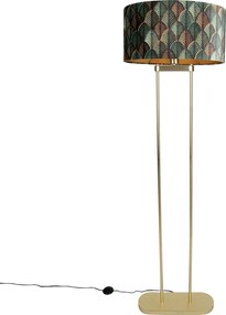 Lampada da terra in ottone con paralume ovale con motivo a foglie e interno dorato 50 cm - Thijmen
