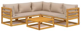 Set salotto da giardino 6pz con cuscini tortora legno massello