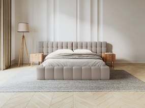 Letto matrimoniale Mamaia in tessuto strutturato Neve con contenitore e testiera doppia - 180x200 cm