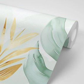 Carta da parati – Foglie pastello verde-oro