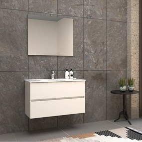 Mobile bagno 90 cm sospeso bianco lucido a doppio cassetto Roxy con specchio filo lucido