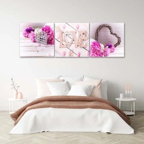 Quadri Quadro Multipannello Fiore rosa iscrizione LOVE  Dimensioni 150x50