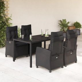 Set da pranzo da giardino 5 pz nero con cuscini in polyrattan