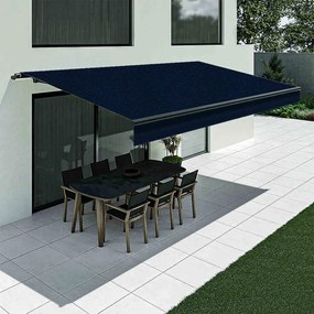 Tenda da sole blu scuro con mantovana dritta, modello Basic senza cassonetto, 2400 x 1500 mm, con manovella, configurazione individuale