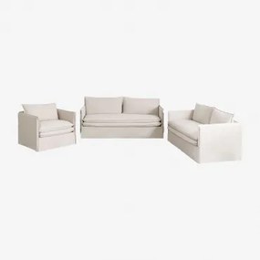 Set Soggiorno Con Divano 2 Posti, Divano 3 Posti E Poltrona Grace In Lino E Cotone Tessuto Beige - Sklum