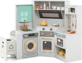 Costway Cucina ad angolo con luci e suoni set di gioco in legno pattumiera estraibile, Cucina angolo lavatrice e accessori ricchi 2 Colori