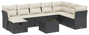 Set divani da giardino 9 pz con cuscini nero in polyrattan