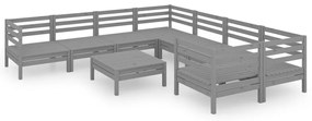 Set salotto da giardino 9 pz grigio in legno massello di pino