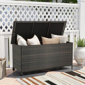 Costway Cassapanca da giardino in rattan, Contenitore 320L impermeabile con ruote universali e pistone a gas Marrone