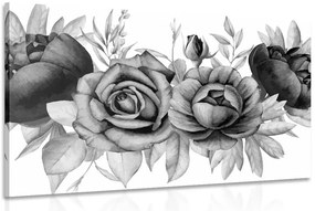 Stampa su tela – Incantevole combinazione di fiori e foglie in bianco e nero