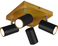 Plafoniera Led 4 Spot GU10 5W Cilindo Nera base Legno Marley GD Trio