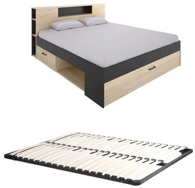 Letto con testata con vani portaoggetti e cassetti 140 x 190 cm: Naturale e Antracite + Rete LEANDRE