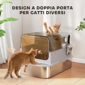 Lettiera Chiusa per Gatti XXL a 2 Porte 70x50x46,5 cm Vaschetta in Acciaio Inox Grigio...