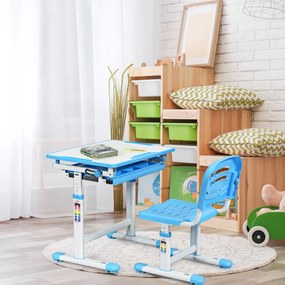 Costway Scrivania per bambini regolabile in altezza Set tavolo e sedie bimbi da disegno inclinabile Blu