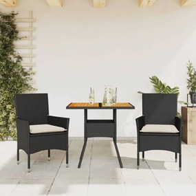 Set Pranzo Da Giardino 3 Pz Con Cuscini Nero Polyrattan Acacia /