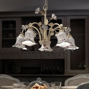 Lampadario Classico Pisa Metallo E Ceramica Bianco Sfumato Oro 5 Luci E14