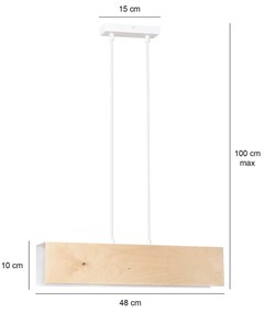 Lampadario 2 Luci Merlino In Acciaio Bianco Corpo Rettangolare E Legno Naturale
