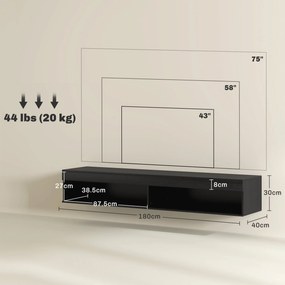 Mobile TV fino 75" Sospeso con Luci LED 16 Colori e Telecomando 180x40x30 cm Nero...