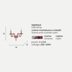 Applique PAGANINI a 2 LUCI in vetro lavorato a mano RUBINO