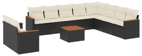 Set divani da giardino 11 pz con cuscini in polyrattan nero