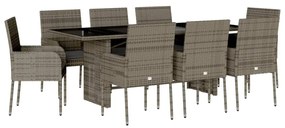Set da pranzo da giardino 9 pz con cuscini in polyrattan grigio